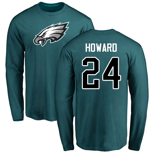Men Philadelphia Eagles #24 Jordan Howard Green Name and Number Logo Long Sleeve NFL T Shirt